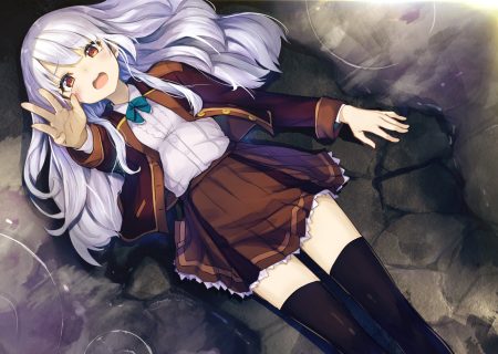 blush bow long hair minutachi orange eyes original school uniform skirt thighhighs water white hair zettai ryouiki
