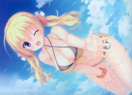 bikini blonde hair blush clouds kobuichi lena liechtenauer long hair navel purple eyes senren banka sky swimsuit twintails water wink yuzusoft