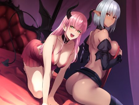 2girls bed blush breast hold breasts brown hair cleavage dark skin demon dress gray hair horns no bra nopan original pink hair pointed ears prime ribbons short hair succubus tail thighhighs yellow eyes