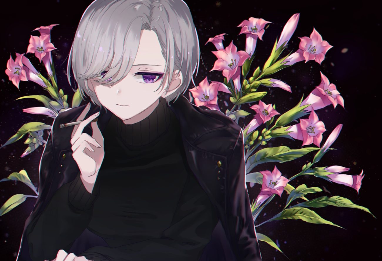 black cigarette flowers gray hair kusaka kou original purple eyes short hair