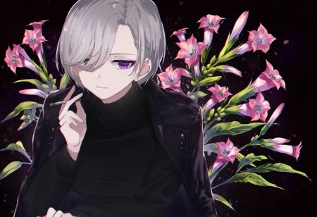 black cigarette flowers gray hair kusaka kou original purple eyes short hair