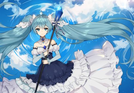 aliasing aqua hair blue hair churi (oxxchurixxo) clouds dress hatsune miku long hair sky staff tiara twintails vocaloid water yuki miku