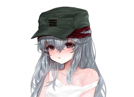 anthropomorphism blush brown eyes close dokomon g11 (girls frontline) girls frontline gray hair hat long hair no bra tears white
