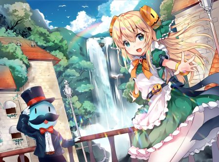 apron blonde hair blush building cat smile clouds dress gloves green eyes hat long hair male qooapp scenic sky tree usagihime water waterfall wristwear