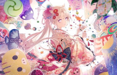 blonde hair flowers japanese clothes kimono kinokohime (mican02rl) long hair original ponytail
