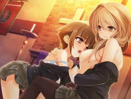 asou fumi baseson blonde hair breast grab breasts brown eyes brown hair cross game cg kimihane long hair mtu natsume hina nipples no bra pantyhose school uniform short hair skirt yellow eyes yuri