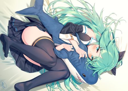 anthropomorphism aqua eyes aqua hair blew andwhite hug kantai collection long hair school uniform signed thighhighs yamakaze (kancolle)