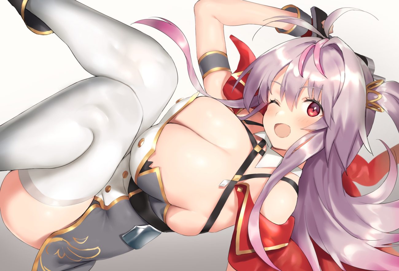 anthropomorphism azur lane blush breasts cleavage dress grenville (azur lane) long hair nekoshoko ponytail purple hair red eyes thighhighs wink