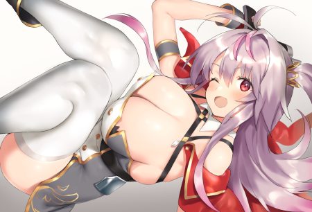 anthropomorphism azur lane blush breasts cleavage dress grenville (azur lane) long hair nekoshoko ponytail purple hair red eyes thighhighs wink
