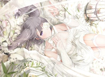 butterfly cage corset dress flowers garter belt giba (out-low) gray hair idolmaster idolmaster shiny colors long hair purple eyes stockings thighhighs twintails yuukoku kiriko