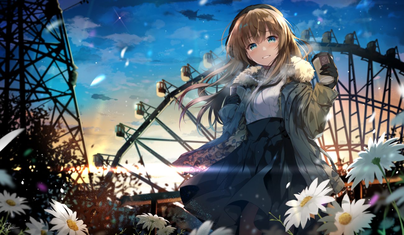aqua eyes brown hair clouds drink flowers gloves hirai yuzuki long hair original petals signed skirt sky sunset