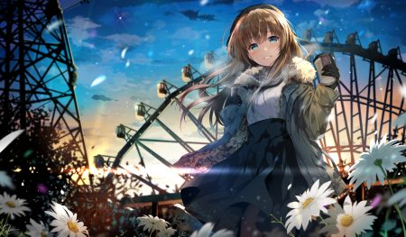 aqua eyes brown hair clouds drink flowers gloves hirai yuzuki long hair original petals signed skirt sky sunset