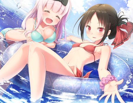2girls aliasing bikini black hair blush bow breasts cleavage fujiwara chika kaguya-sama wa kokurasetai ~tensai-tachi no renai zunousen~ long hair matokechi navel pink hair red eyes shinomiya kaguya swim ring swimsuit water wristwear
