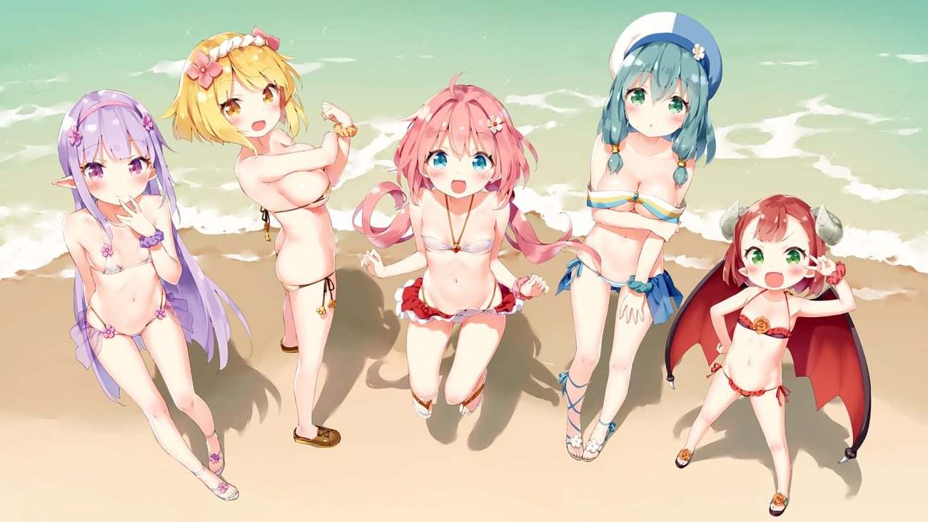 ass beach bikini blonde hair blush breast hold breasts cleavage demon elnowar seylan endro! fai fai fang flat chest green eyes green hair group headband horns kani biimu loli long hair mao (endro!) meiza endust navel pink hair pointed ears purple eyes purple hair red hair short hair sideboob skirt swimsuit third-party edit twintails underboob water wings wristwear yellow eyes yuria shardet