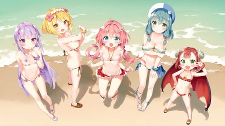 ass beach bikini blonde hair blush breast hold breasts cleavage demon elnowar seylan endro! fai fai fang flat chest green eyes green hair group headband horns kani biimu loli long hair mao (endro!) meiza endust navel pink hair pointed ears purple eyes purple hair red hair short hair sideboob skirt swimsuit third-party edit twintails underboob water wings wristwear yellow eyes yuria shardet