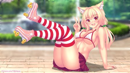 animal ears bikini top blonde hair catgirl erect nipples fast-runner-2024 nopan orange eyes original signed skirt thighhighs third-party edit tiffy twintails