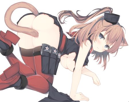 animal ears anthropomorphism ass blush breasts brown hair kantai collection long hair miko (royal milk) tail torn clothes uss saratoga (cv-3)
