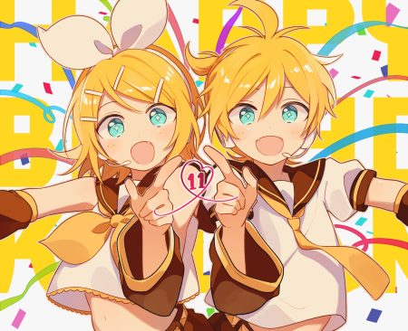 4 (nakajima4423) aqua eyes blonde hair fang headband headphones kagamine len kagamine rin male microphone navel school uniform short hair tie vocaloid