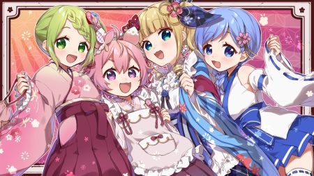 apron blonde hair blue eyes blue hair braids cat smile green eyes green hair group japanese clothes kimono loli lolita fashion miko mononobe alice morinaka kazaki nijisanji pink hair purple eyes short hair thighhighs ushimi ichigo yama bukiiro yuuki chihiro