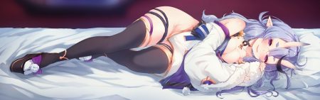 bed blue hair breasts cleavage demon garter hato haru horns japanese clothes kimono long hair nijisanji nopan pointed ears purple eyes rindou mikoto thighhighs waifu2x
