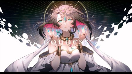 aqua eyes breasts brown hair cleavage dress halo headdress hen-tie necklace original short hair watermark wristwear