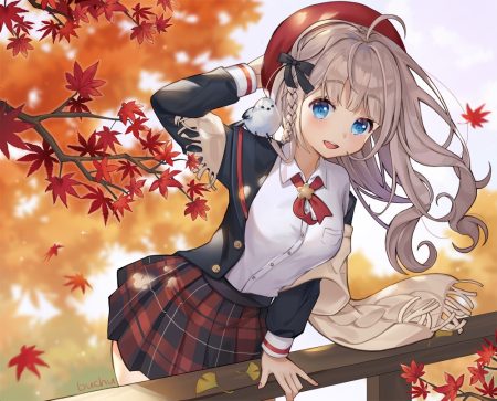 animal autumn bird blue eyes blush braids brown hair buchu hat leaves long hair original scarf school uniform signed skirt