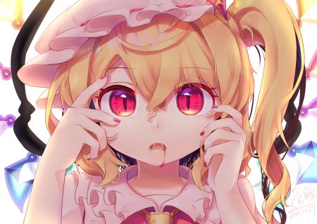 blonde hair blood close fang flandre scarlet gunjou row hat loli ponytail red eyes touhou vampire wings