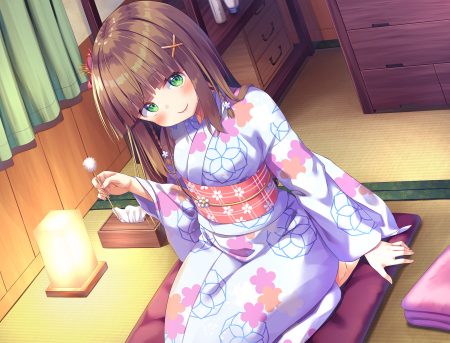 asa no ha blush braids brown hair green eyes japanese clothes long hair original