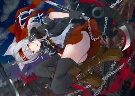 agehachou tsukushi animal ears boots bow building chain city clouds gloves goggles headband knife long hair night original red eyes ribbons skirt stars sword thighhighs weapon white hair