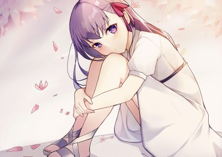 dress fate (series) fate/stay night long hair matou sakura petals purple eyes purple hair xoaiu