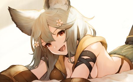 animal ears breasts catgirl collar fang granblue fantasy gray hair hood koretsuki aduma long hair red eyes sen (granblue fantasy) sideboob