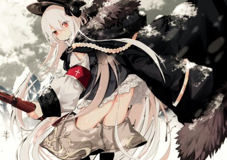 anthropomorphism boots dress girls frontline gun hat hood kar98k (girls frontline) long hair military naruwe red eyes snow weapon white hair