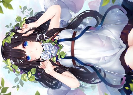 ao no neko aqua eyes black hair dress flowers leaves long hair original ribbons summer dress water