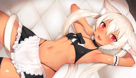 animal ears apron blonde hair blush bow catgirl cat smile collar dark skin fang long hair maid mathew (srmmk mce) navel original red eyes tail twintails