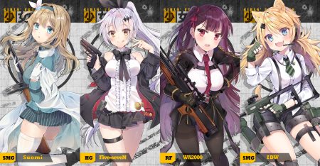 animal ears anthropomorphism aqua eyes blonde hair blush breasts brown hair catgirl cat smile chocho (homelessfox) fang five seven (girls frontline) garter girls frontline gloves gun headband headphones idw (girls frontline) kneehighs long hair microphone necklace pantyhose ponytail purple hair red eyes shorts skirt suomi (girls frontline) tail thighhighs tie wa2000 (girls frontline) weapon white hair zettai ryouiki