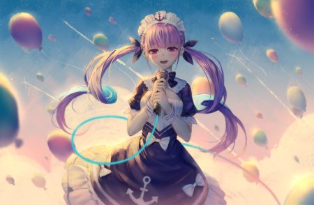 blush bow clouds dress headdress hololive ji dao ji long hair maid microphone minato aqua purple eyes purple hair sky twintails wristwear