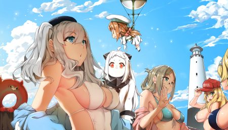 anthropomorphism aqua eyes bikini blonde hair breasts brown hair chibi cleavage clouds erect nipples error musume (kancolle) gambier bay (kancolle) glasses gloves gray hair green eyes group hat iowa (kancolle) kantai collection kashima (kancolle) katori (kancolle) long hair northern ocean hime red eyes sideboob sky swim ring swimsuit twintails white hair zuoteng lucha