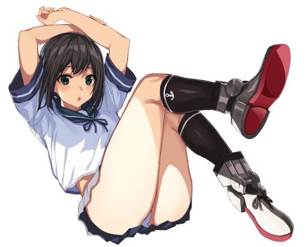 aliasing anthropomorphism black hair fubuki (kancolle) green eyes kantai collection kneehighs oweee panties school uniform short hair skirt underwear