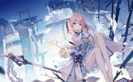 animal asuka (louyun) bell cat clouds green eyes japanese clothes kimono lolita fashion long hair original pink hair ribbons sky staff twintails