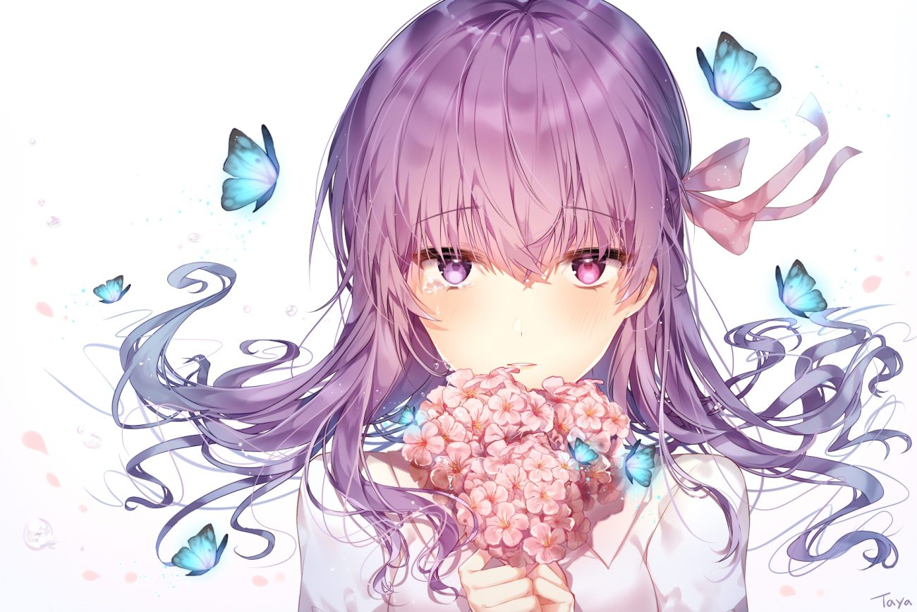 butterfly close fate (series) fate/stay night flowers long hair matou sakura purple eyes purple hair signed taya oco tears white