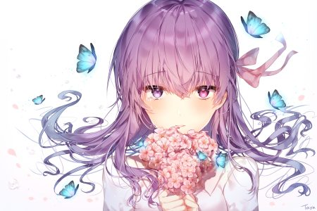 butterfly close fate (series) fate/stay night flowers long hair matou sakura purple eyes purple hair signed taya oco tears white