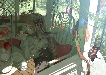 aliasing apple ayataka bow brown hair butterfly cake drink food fruit glasses gray eyes long hair orange (fruit) original strawberry