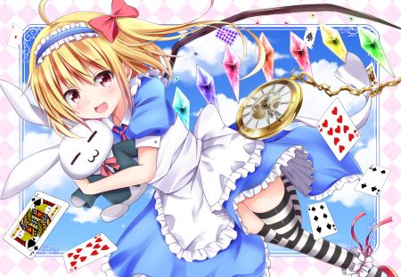 alice in wonderland apron blonde hair blush bow bunny cosplay dress flandre scarlet hyurasan ponytail red eyes ribbons sky thighhighs touhou vampire wings