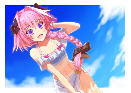 all male astolfo bikini bow braids clouds fang fate/extella inugoya long hair male navel otoko no ko pink hair ponytail purple eyes sky swimsuit wristwear