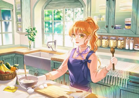 apple apron food fruit jeya (leej3ya) long hair orange eyes orange (fruit) orange hair original ponytail scenic waifu2x