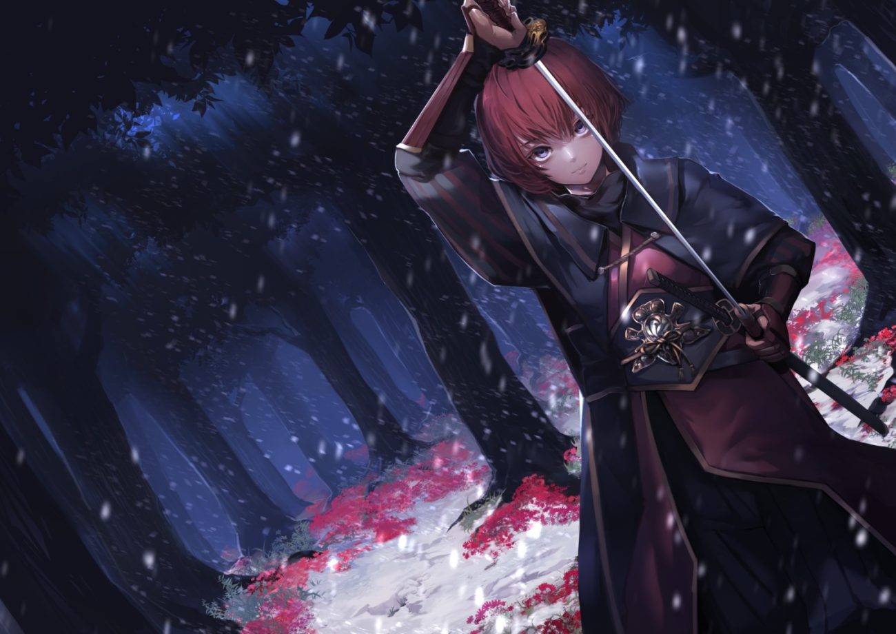fixro2n flowers forest japanese clothes katana purple eyes red hair short hair snow sword tengai no ponkotsu-hime tree weapon