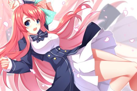 aqua eyes bow dress kneehighs long hair minamoto sakura petals pink hair rx7649 zombie land saga zoom layer
