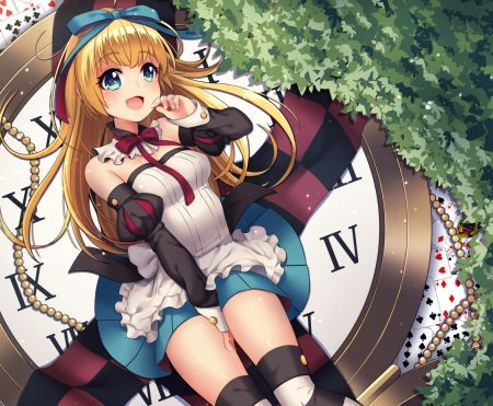 alice in wonderland aqua eyes blonde hair bow cropped dress hoshina meito long hair original ribbons thighhighs