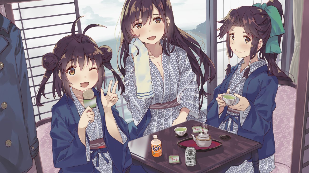 anthropomorphism brown hair drink food japanese clothes jintsuu (kancolle) kantai collection long hair naka (kancolle) orange eyes ponytail sendai (kancolle) short hair tonari no kai keruberosu towel wink yukata