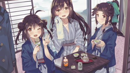 anthropomorphism brown hair drink food japanese clothes jintsuu (kancolle) kantai collection long hair naka (kancolle) orange eyes ponytail sendai (kancolle) short hair tonari no kai keruberosu towel wink yukata